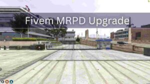 FiveM MRPD Upgrade showing enhanced police station interior with new desks, equipment, and detailed textures.