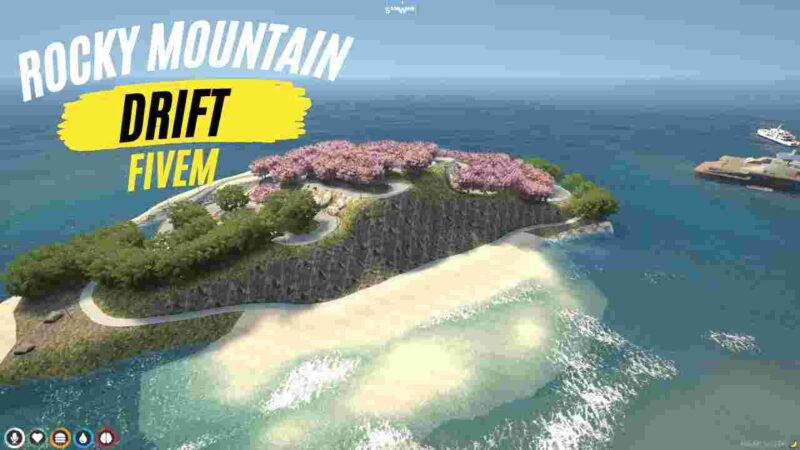 Rocky Mountain Drift FiveM server screenshot showcasing drift racing cars and mountain terrain