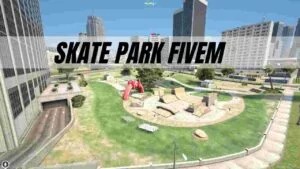 Skate Park FiveM - A detailed view of a custom skate park designed for FiveM roleplay servers, featuring ramps, rails, and graffiti for immersive gameplay.