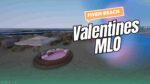 FiveM Beach Valentines MLO - A vibrant virtual beach scene with Valentine's Day decorations, including heart-shaped balloons and themed seating.