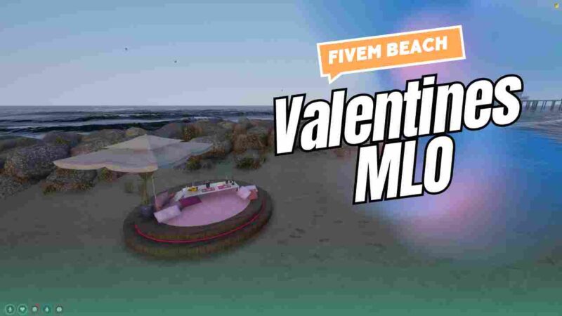 FiveM Beach Valentines MLO - A vibrant virtual beach scene with Valentine's Day decorations, including heart-shaped balloons and themed seating.