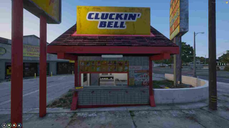 FiveM Cluckin Bell interior showing counter, seating area, and menu board.