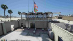 A detailed view of the FiveM Lifeguard MLO showing lifeguard towers, beach equipment, and patrol vehicles.