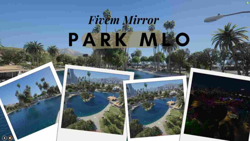 FiveM Mirror Park MLO with detailed storefronts and realistic park scenery