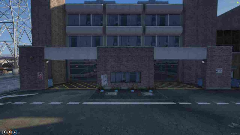 FiveM PD Garage MLO - Detailed police department garage interior with parking spaces, workbenches, and storage areas