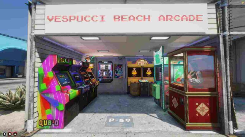 FiveM Vespuccis Beach Arcade – A vibrant beachside arcade with neon lights and arcade games in a FiveM roleplay server